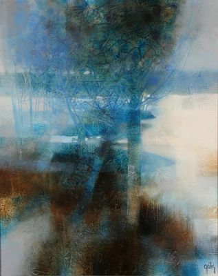 une peinture abstraite représentant un arbre dans un vase bleu