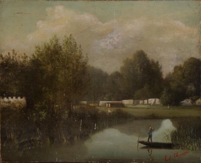 tableau représentant un homme dans un bateau sur un lac, avec un pont en arrière-plan