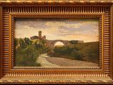une peinture à l'huile représentant un pont sur une rivière avec un château à l'arrière-plan