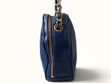 navy blue leather handbag with gold chain strap