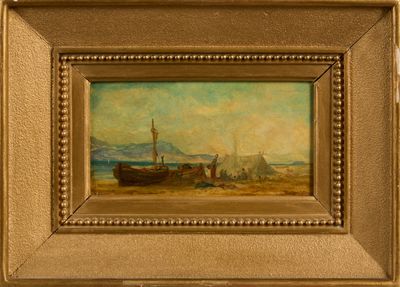 an oil painting of a boat on a beach with a mountain in the background