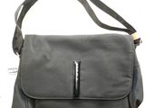 grey shoulder bag with black zippers and a black strap