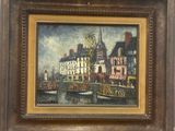 painting of a view of a city with a clock tower in the background