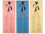 three pages of paper with drawings of people and words on them