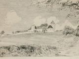 dessin représentant un paysage avec une maison et un arbre au premier plan
