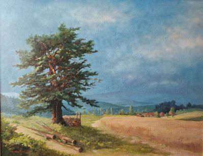 une peinture à l'huile représentant un arbre dans un champ, avec le ciel en arrière-plan