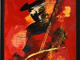 un tableau représentant un homme coiffé d'un chapeau et tenant une guitare, sur un fond rouge