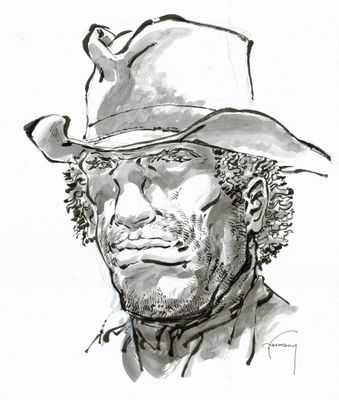 an ink drawing of a man wearing a cowboy hat