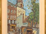 une image d'une peinture représentant une scène de rue avec une église en arrière-plan