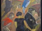 painting of a group of people in a bar with a man in the middle of the bar