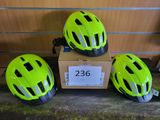 trois casques posés sur une boîte en carton devant un mur en bois