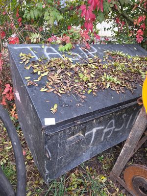 une boîte noire couverte de graffitis, posée dans l'herbe