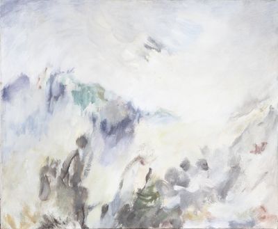 une image représentant un tableau représentant un paysage de montagne survolé par un oiseau