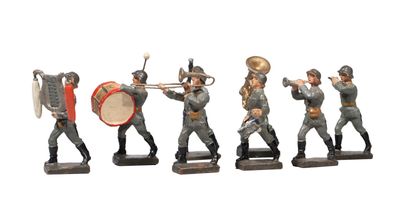 five figurines of men playing musical instruments on a white background