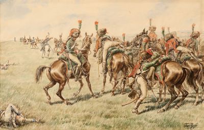 an image of a painting of a group of men on horses