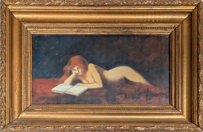 une peinture à l'huile représentant une femme nue en train de lire un livre sur un lit