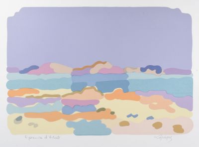 une image représentant un tableau représentant une scène de plage avec des rochers et de l'eau