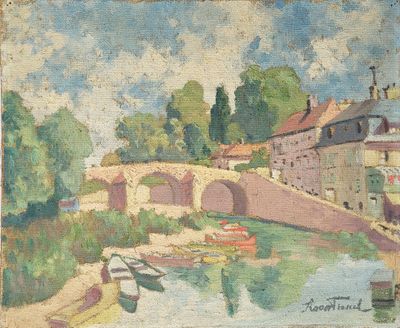 an image of a painting of a river with boats on it