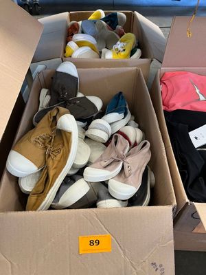 plusieurs paires de chaussures dans une boîte posée sur le sol