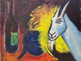 une peinture à l'huile représentant une chèvre à côté d'une bouteille de vin