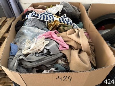 a cardboard box filled with clothes and other items