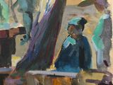 an oil painting of a woman sitting on a bench with an umbrella