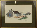framed picture of a painting of a farm scene with a horse and people