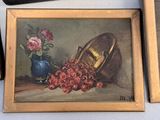 painting of a still life with roses and a blue vase on a table