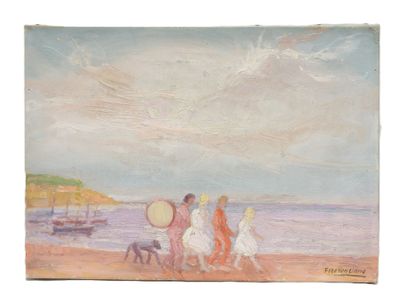 a painting of a group of people walking on the beach