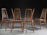 three wooden chairs sitting next to each other on a gray surface