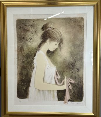 painting of a woman in a white dress holding a pink ribbon