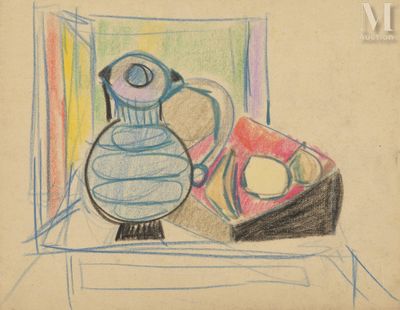 un dessin d'un vase et d'une boîte sur une table