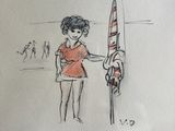 drawing of a woman holding a flag and a flag pole