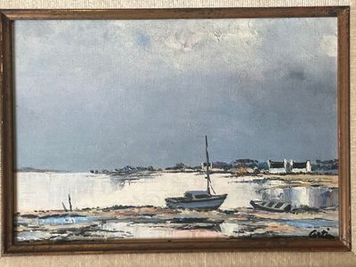 une peinture représentant un voilier au bord de l'eau