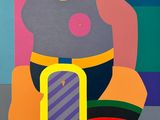 a painting of a man sitting on a chair with a skateboard in front of him