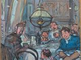 tableau représentant un groupe de personnes assises autour d'une table à manger