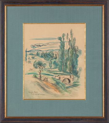 une image représentant une aquarelle représentant un paysage avec des arbres