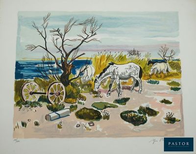 tableau représentant deux chevaux paissant dans un champ près d'un plan d'eau
