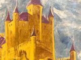 a painting of a castle on a hill with trees in the foreground