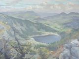 a painting of a mountain scene with a lake in the distance