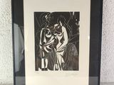 black and white drawing of a man and a woman sitting on a bench
