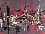 abstract painting of red, black, and white paint on a gray background