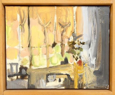 a painting of a vase of flowers on a table