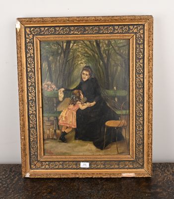 un vieux tableau représentant une femme assise sur un banc dans un parc