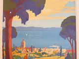 an image of a poster of a view of a town and a lake