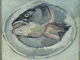 a painting of a fish on a plate on a table