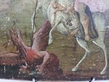 a picture of a painting of a man on a horse being attacked by a dragon