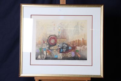 peinture sur chevalet représentant un paysage urbain avec une horloge au centre
