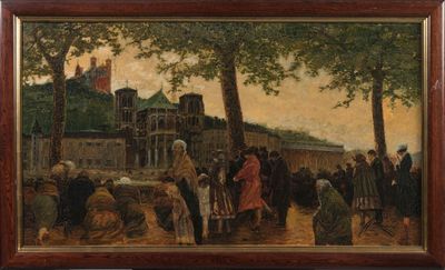 peinture d'un groupe de personnes devant un bâtiment