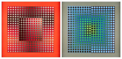 two paintings of different colors and sizes of dots on a wall
